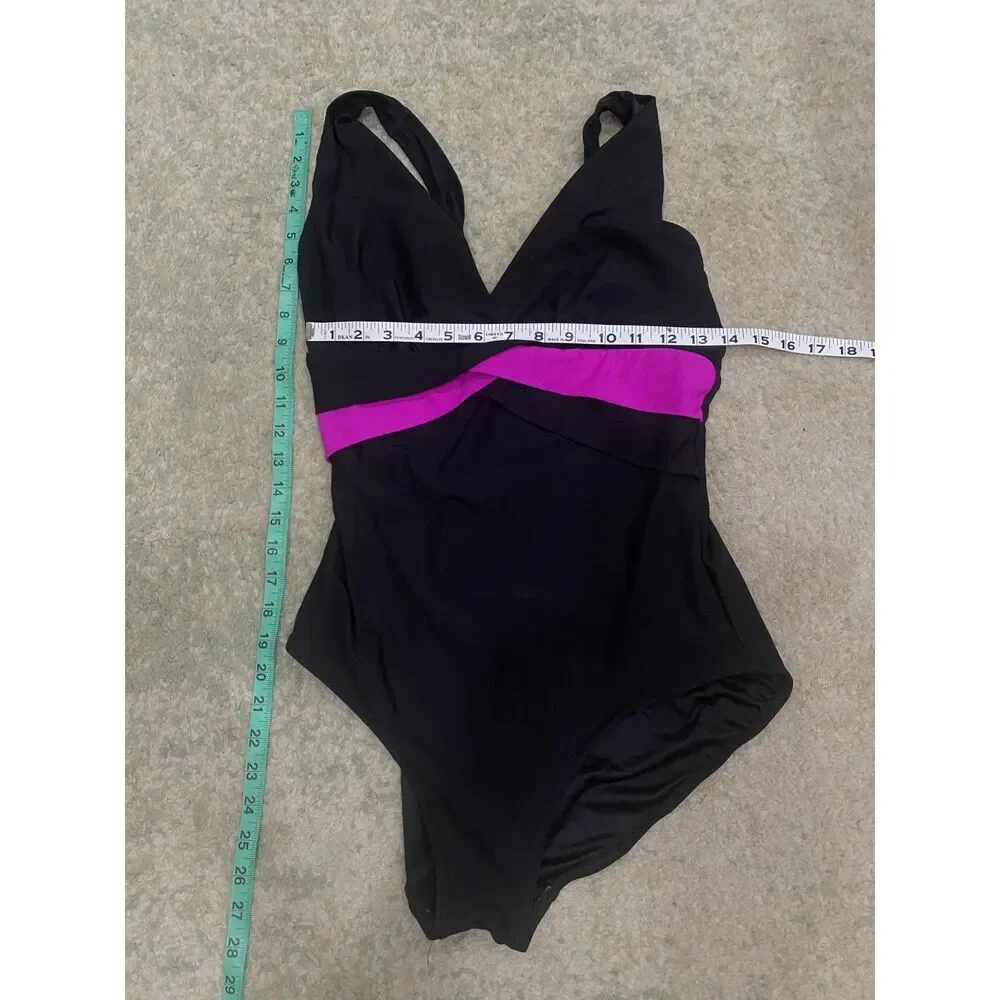 Longitude Womens Size 14 Black Pink One-Piece Swimsuit Stripes Tummy Control